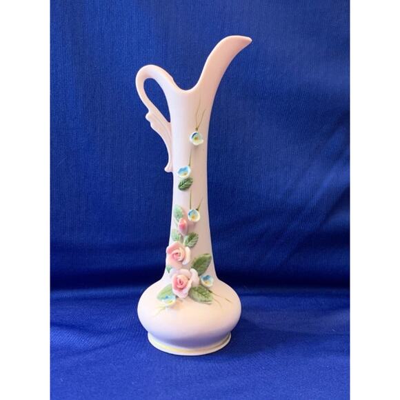 Kelvin Fine China Pink Bisque Porcelain Vase Pitcher Dimensional Flowers - Picture 1 of 5